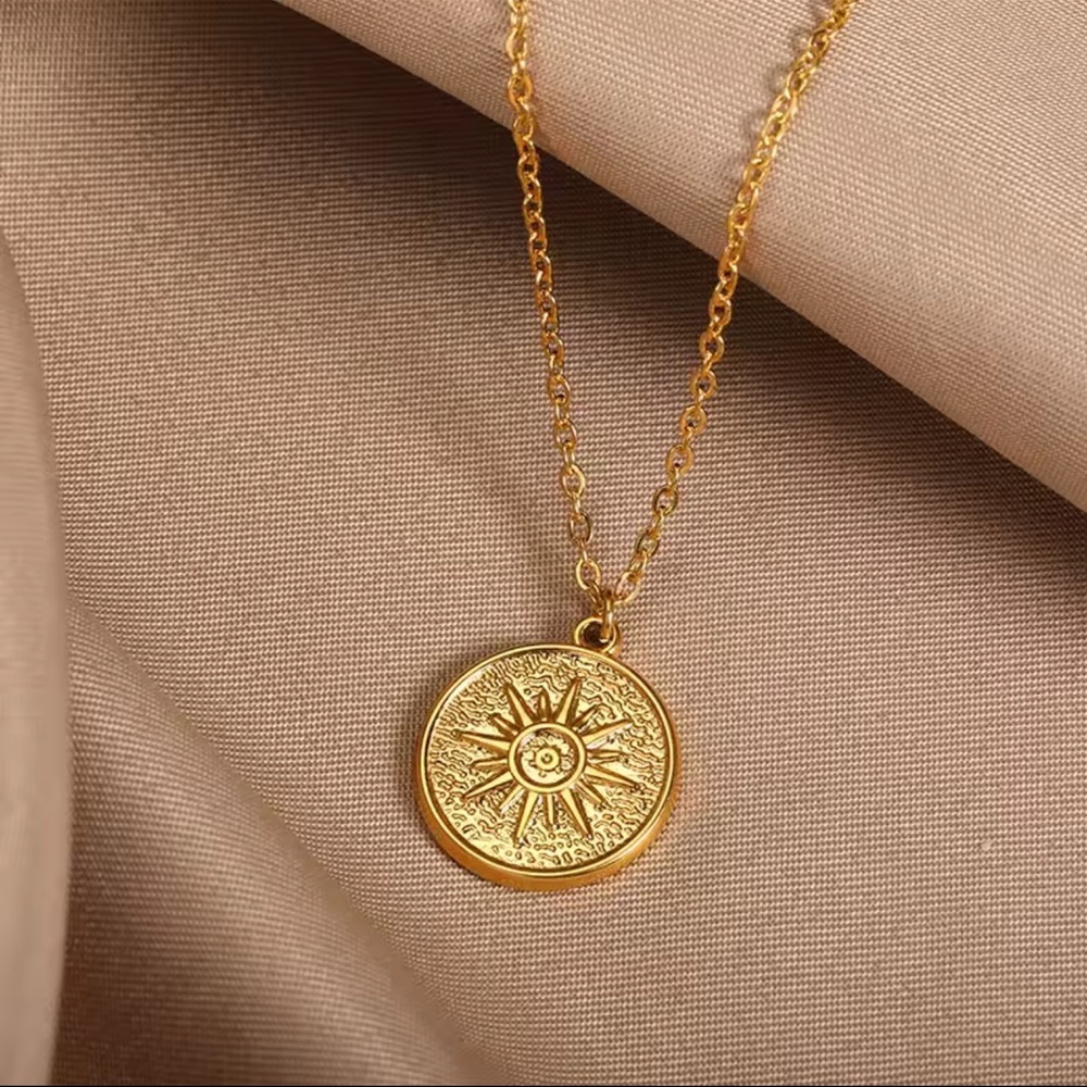 Sale 18 Gold Sun Ray Pendant Necklace 
Boho Coin Jewelry